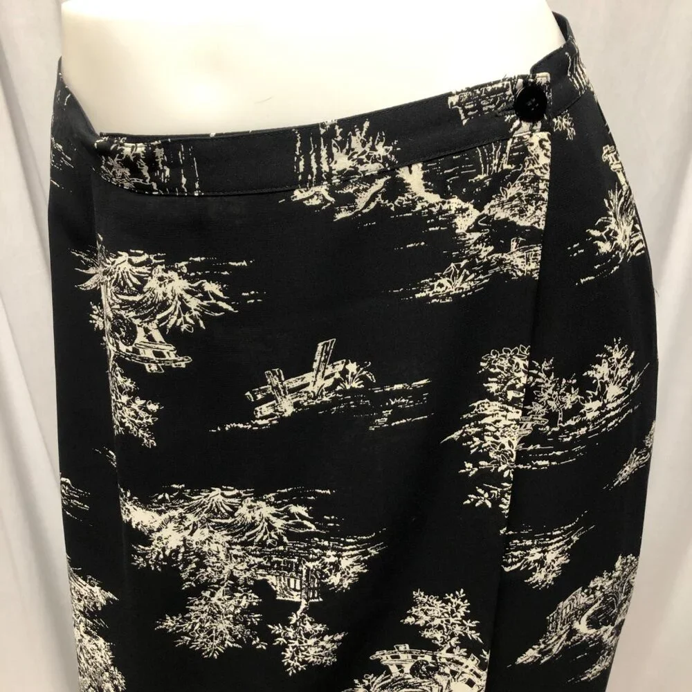 Villager Liz Claiborne Maxi Skirt Womens Size 12 Black Ivory Lined Faux Wrap